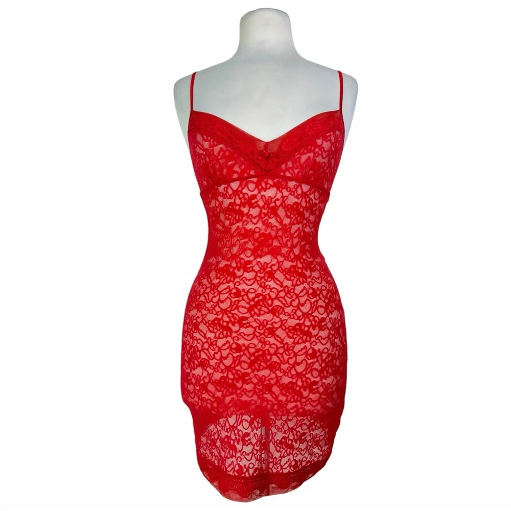 Victorias Secret Vintage Y2K Red Sheer Floral Lace Bodycon Mini Slip Dress Small